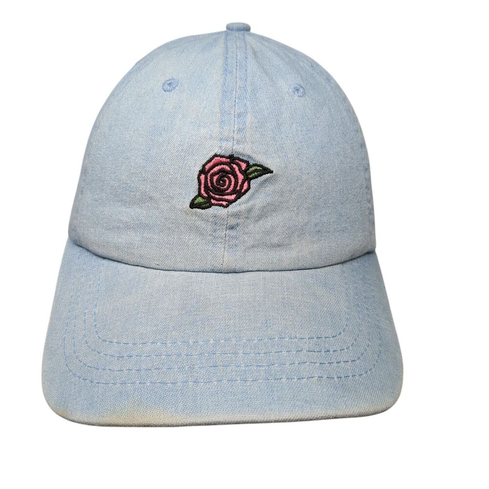 Rose Strapback Hat Blue OSFA Adjustable Embroidered Floral Denim Just Be